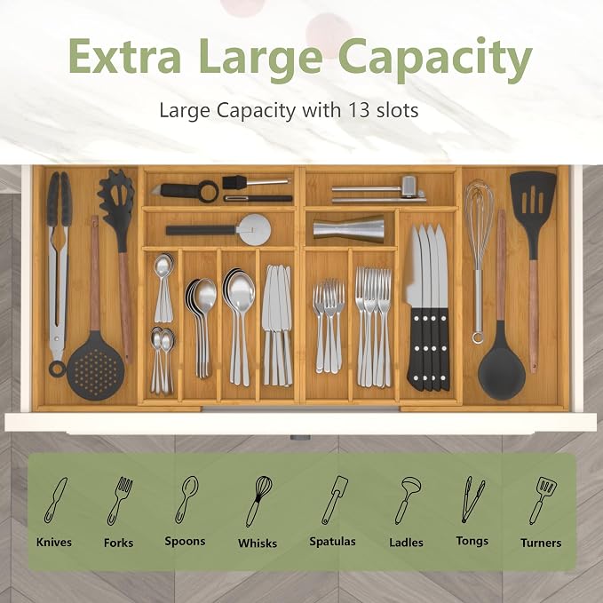 Suli Extra Large Silverware Drawer Organizer,Expandable 22in to 37in,Bamboo | 2.6in Deep,13 Slot,Removable Design,Expandable Utensil Tray for Kitchen Drawer,Big Adjustable Cooking Cutlery Flatware Holder - Image 3