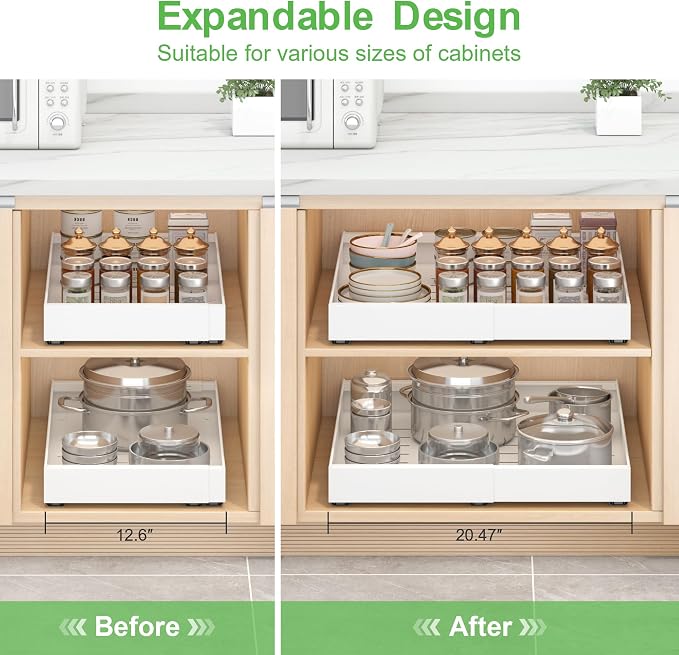 Expandable Pull-Out Cabinet Organizer - White, 21" D x Adjustable Width 12.6-20.47", No Drill Adhesive Installation with 3-Slide Rails for Kitchen Storage (2 Pack) - Image 5