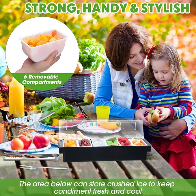 2 Pcs Garnish Tray with Lid for Bartender Condiment Caddy Removable Chilled Fruit Condiment Server with 6 Tong and 6 Fork for Serving Salad Bar Topping Organizer for Restaurant Supply(6 Compartments) - Image 5