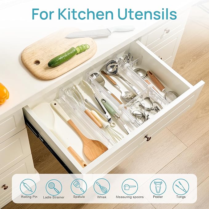 Vtopmart 2.36” Drawer Dividers with Expandable Inserts, 12.8"-22.3" Adjustable Kitchen Drawer Organizer, Clear Plastic Organizer Separator for Flatware, Utensil, Cutlery, 6 Dividers with 10 Inserts - Image 4