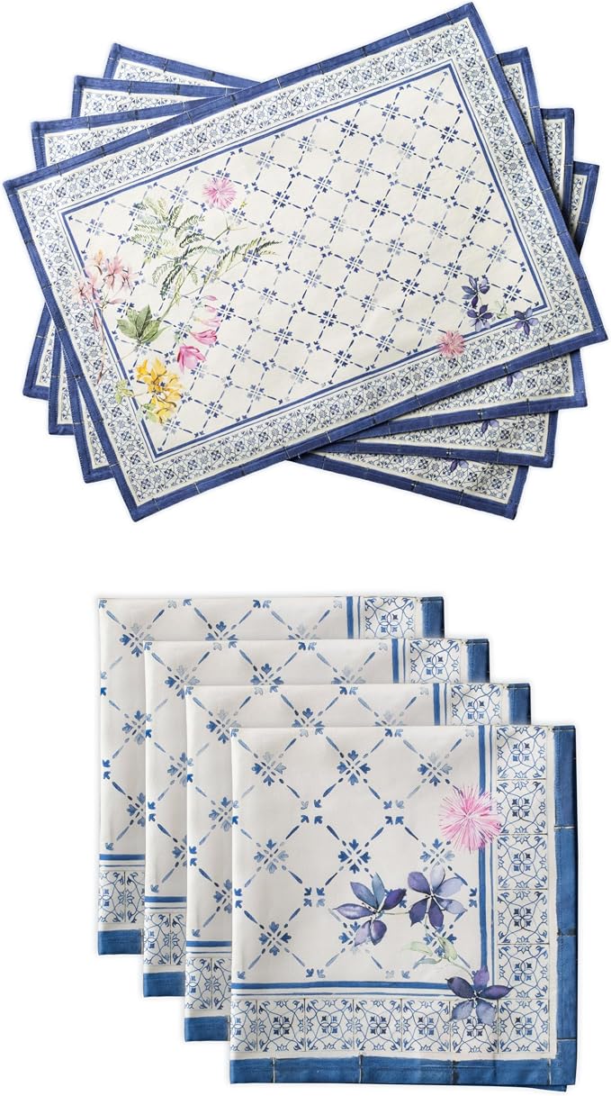 Maison d' Hermine Faience Bundle Set 100% Cotton Set of 4 Napkins (20 Inch by 20 Inch) and Set of 4 Place Mats (13 Inch by 19 Inch) by MaisondHermine
