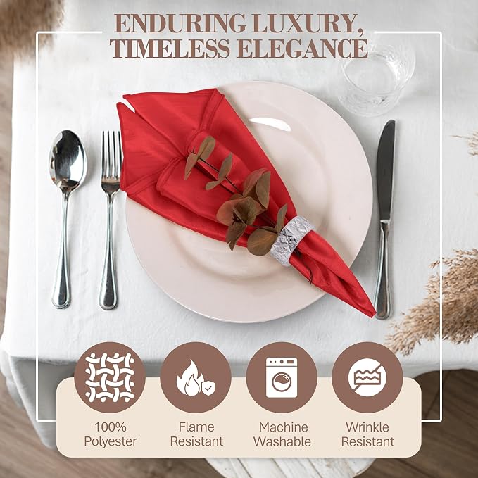 17x17-Inch Shantung Cloth Napkins, Holiday Red, Set of 12 | Bulk Case of 1 Dozen, Satin, Square, 100% Polyester Fabric, Reversible, Faux Dupioni Silk Reverse Side, Machine Washable - Image 2