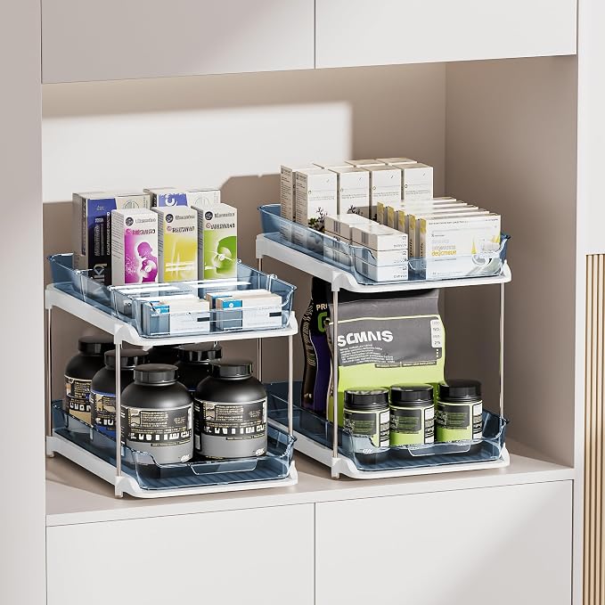 Delamu 2-Tier Multi-Purpose Bathroom Under Sink Organizers and Storage, Stackable Kitchen Pantry Organization, Pull Out Medicine Cabinet Organizer with Movable Dividers, Blue, 4 Pack - Image 6