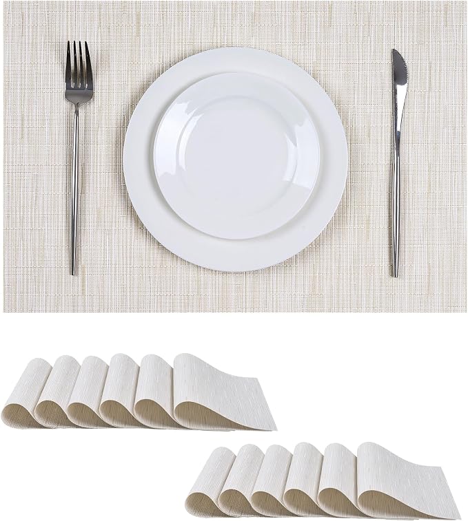 Leetaltree Pale Beige Placemats Set of 12 - Heat Resistant Non-Slip Place mats for Dining Table, Washable Durable PVC Vinyl Woven Table Mats（Pale Beige, 12） by Leetaltree-ArtatEveryTable