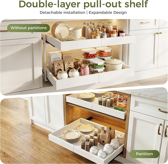 Abalter Expandable Pull Out Cabinet Organizer(12-18.5" W x 21" D), 2-Tier Slide Out Drawer for Kitchen Cabinets, Slide Out Shelves for Kitchen Countertop, Bathroom, Pantry, Heavy Duty Caddy(White) - Image 3
