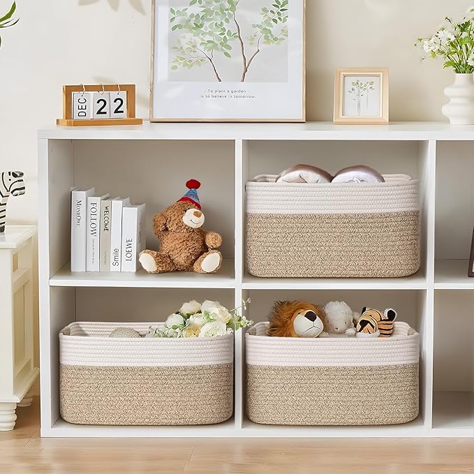 4 Pack Large Storage Basket for Organizing, 17.5"x13"x7" Woven Basket for Shelves, Closet Cube Storage Bins with Wrapped Handle, Cotton Rope Baskets for Kitchen, Clothes, Toys(Off White & Brown) - Image 4