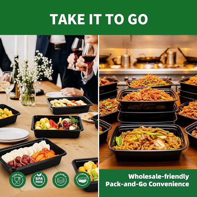 58oz Meal Prep Containers, 50 Pack Disposable Food Storage Boxes with Lids | Heavy Duty, Single Compartment, Leakproof Lids, BPA Free, Microwave Freezer Safe, Plastic To Go Bento Boxes for Lunch Takeout - Image 6