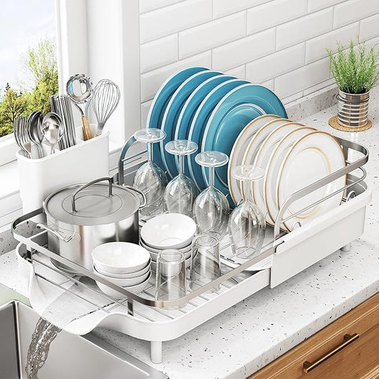 SNTD Expandable Dish Drying Rack for Kitchen Counter, 15.2-22.1 in, White | Rust-Resistant Stainless Steel, Protective Side Rails, Self-Draining Drainboard, Removable Utensil Holder by SNTD