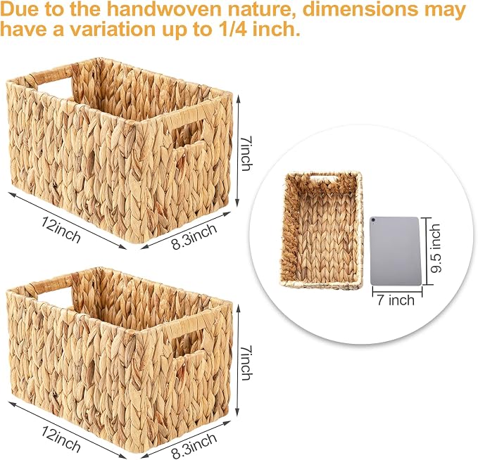 Water Hyacinth Rectangular Wicker Baskets, 12" Wicker Basket 2 Pack, Woven Storage Baskets with Handles - Image 3