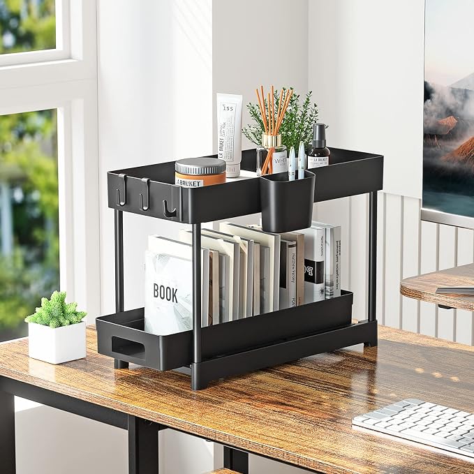 2 Pack Under Sink Organizer with Sliding Storage Drawer, 2 Tier Under Sink Organizers and Storage with 8 Hooks and 2 Hanging Cups, Multi-purpose Under Sink Storage for Kitchen Bathroom Cabinet, Black - Image 6