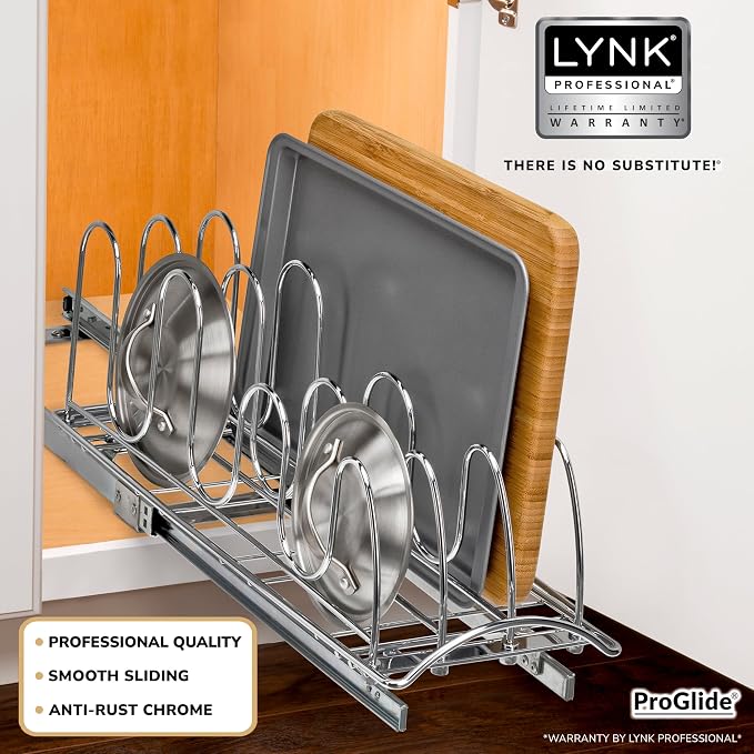 LYNK PROFESSIONAL® Pull Out Pot and Pan Lid Organizer Under Cabinet - Lifetime Ltd. Warranty – Cookie Sheet Organizer for Cabinet – Narrow Slide Out Baking Sheet Organizer Drawer – 7.25W x 21D, Chrome - Image 2