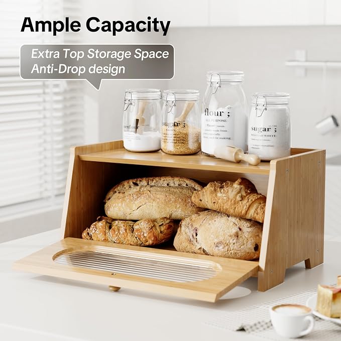 Bamboo Bread Box for Kitchen Countertop,Large Capacity Kitchen Countertop Organizer,Bread Storage with Acrylic Window for Cabinet,Pantry,Cupboard - Image 2