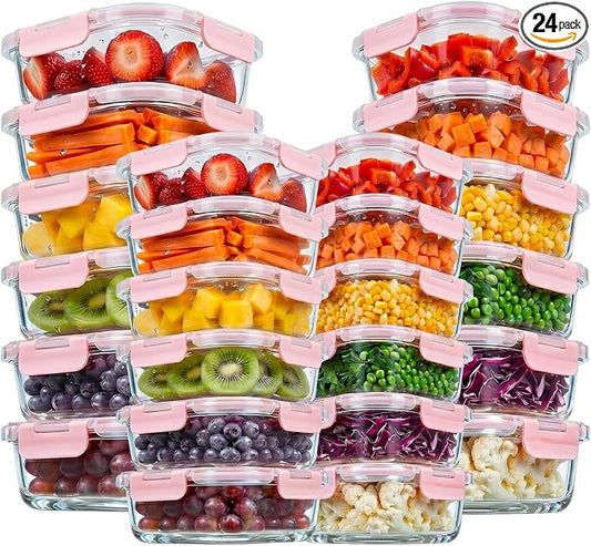 Konokyo Square Glass Food Storage Containers with Lids, 24 Pack Airtight Leakproof Meal Prep Containers, BPA-Free, Microwave Oven Freezer & Dishwasher Safe, Assorted Sizes by Konokyo
