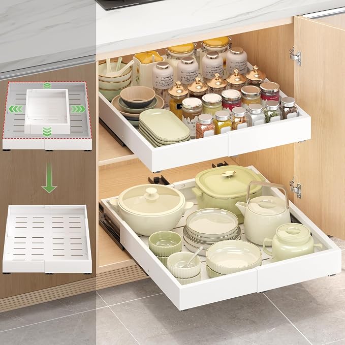 1 Pcs Pull Out Drawers for Cabinets Organizer Expandable Width(11.8"-19.4"), Depth(16.45"-21.7") With 3 Rails, No Drill Roll Out Drawer, Adhesive Sliding Drawers by GREATLUHENGPING