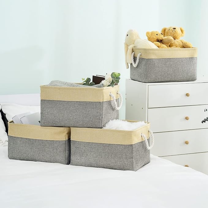 Storage Basket - 15.7L×11.8W×8.3H 1 Pack Large Baskets for Organizing Shelves, Storage Bins for Clothes Book Shelf Home Fabric Storage Cubes (Gold and Grey) - Image 4