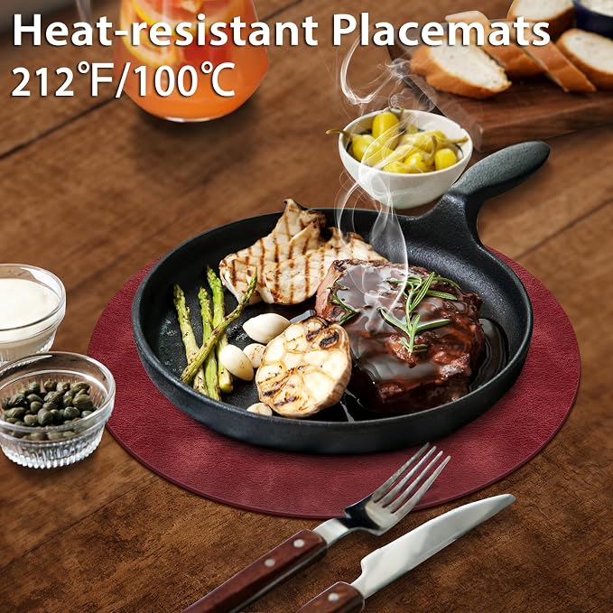 ADRIMER Placemats, Heat Resistant Round Placemats Set of 8 Washable, Waterproof Table Mats, Wipeable Faux Leather Place Mats for Kitchen, Dining Room, Wine Red - Image 4