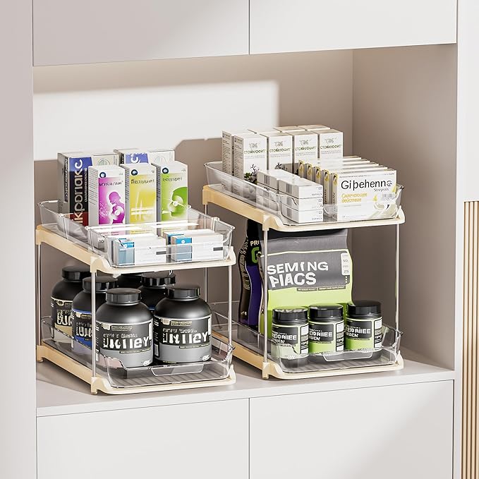 Delamu 2-Tier Multi-Purpose Bathroom Under Sink Organizers and Storage, Stackable Kitchen Pantry Organization, Pull Out Medicine Cabinet Organizer with Movable Dividers, Beige, 4 Pack - Image 6
