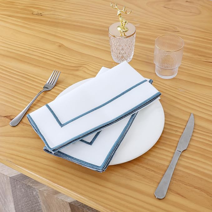 Majestic Giftware Set of 12 Polyester Napkins (NPK-NY) | White Navy Trim Design Dinner Napkins Cloth | Linen Look Washable Cloth Napkins Set for Weddings, Banquets, or Restaurants (20" x 20") - Image 2