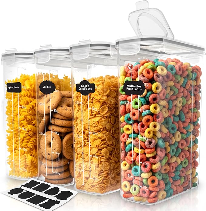 Utopia Kitchen Cereal Containers Storage Set with Lids, 4 Pack, 4L, Clear | Airtight Food Storage Containers with Lids, BPA-Free Cereal Dispensers for Pantry Organization and Storage by UTOPIAKITCHEN