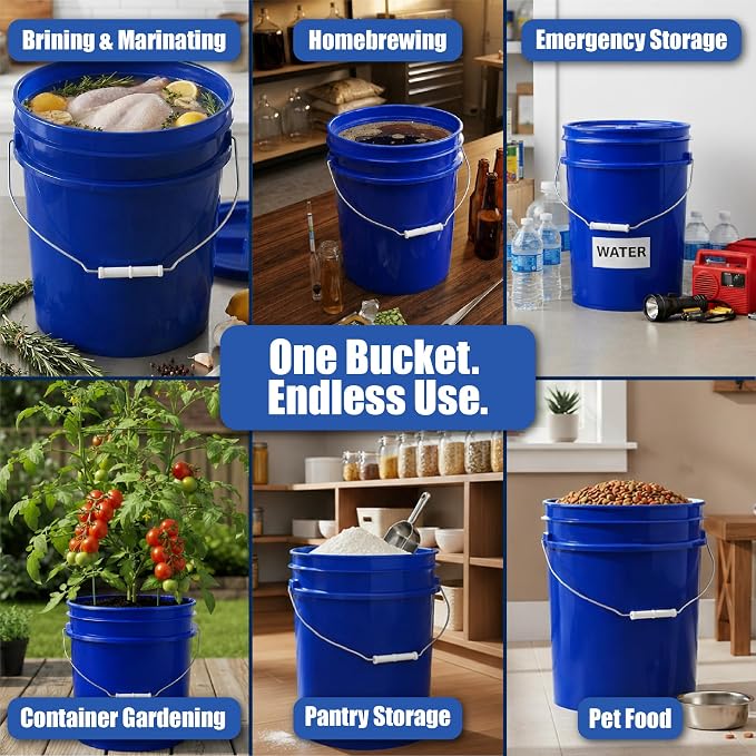 5 Gallon Bucket - Food Grade w/Lid BPA-Free, Blue/White, 6 | Airtight Gamma Seal Screw-On Lid, Heavy-Duty 90 Mil HDPE Plastic, Food Safe and Durable Container, Bulk Storage, Made in USA - Image 3