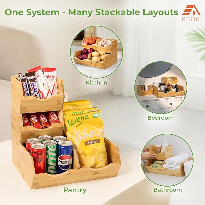 HOMESTEAD Bamboo Pantry Storage Bins – Stackable Potato & Onion Storage Bin for Kitchen Countertop, Pantry Organizer, Fruit Vegetable Basket, Multiuse - Set of 3 Slide-Out Access - Image 6