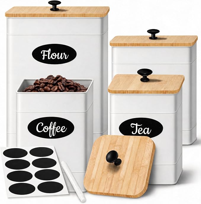 Kitchen Canisters Sets of 4 - Metal Flour Sugar Storage Containers Set for Countertop with Airtight Lids, Coffee Tea Canister Set with Customizable Chalkboard Labels & Marker Pen, White by CISTOREBOHE
