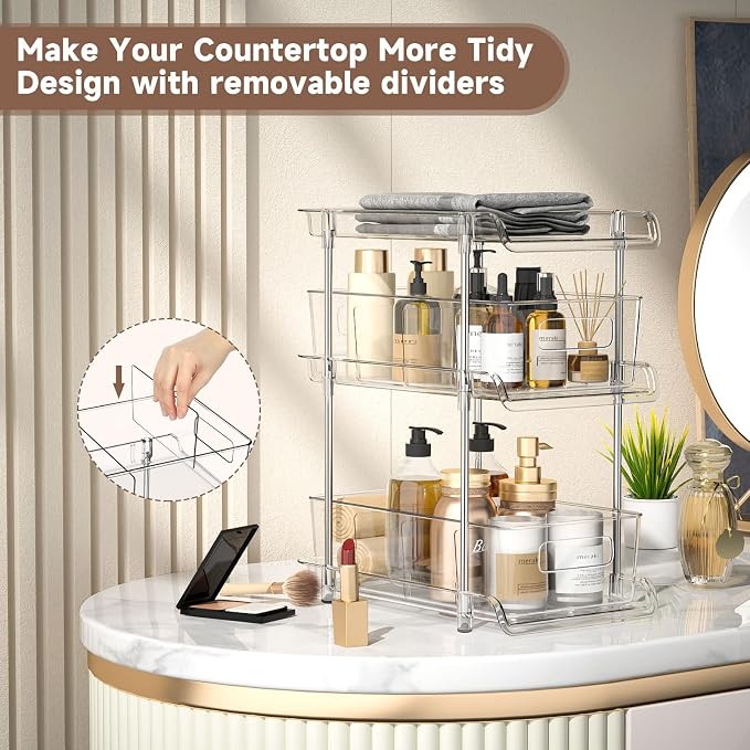 2Set 3 Tier Clear Bathroom Organizer with Dividers, Pull-Out Pantry Organization and Storage, Multi-Purpose Under Sink Organizers and Storage, Vanity Skincare Cosmetic Closet Organizer Medicine Bins - Image 5