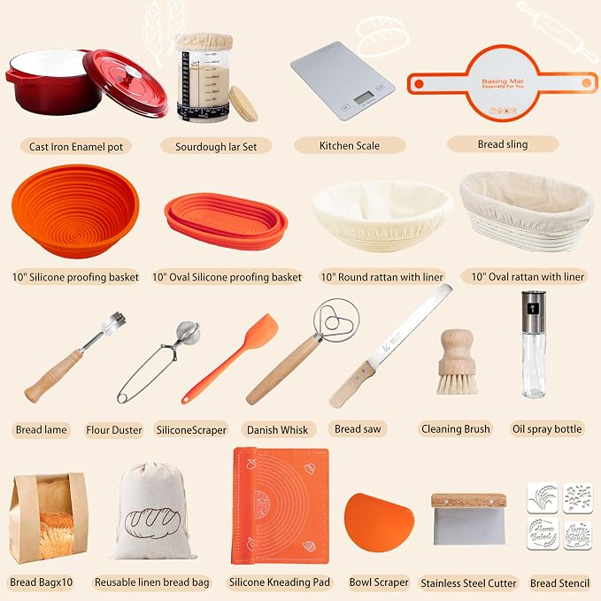 All-Inclusive Sourdough Starter Kit with Enameled Cast Iron Dutch Oven & Scale - Premium Bread Making Tools with 4 Banneton Proofing Baskets, Beginner Guide, Sling, 34oz Starter Jar, Best Baking Gifts - Image 9