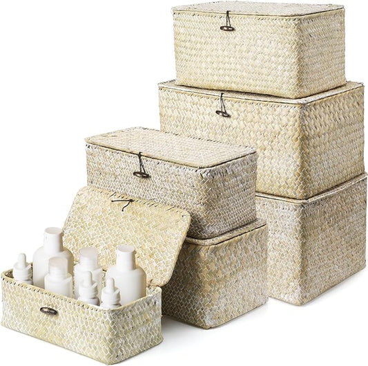 6 Pcs Seagrass Basket with Lid Wicker Storage Decorative Boxes with Lids Bin Woven Organizer for Shelf Closet Bedroom, 6 Sizes(Classic Style,White) by Kigley