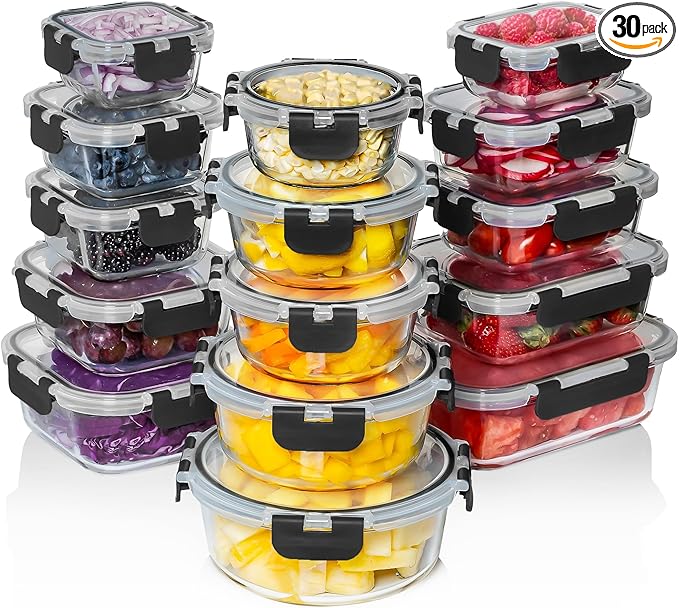 Razab 30 PC Glass Food Storage Containers with Lids - Reusable Glass Meal Prep Containers for Lunch and Leftovers - Airtight & Leakproof Snap Locking Lids - Oven, Freezer, Microwave, Dishwasher Safe by RazabHomeGoods
