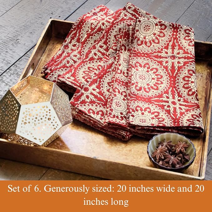100% Red Cotton Dinner Napkins, Set of 6, Hand Printed Spice Route Design, Fair Trade, Washable Cloth Napkins for Parties & Cocktails 20x20 in - Image 4