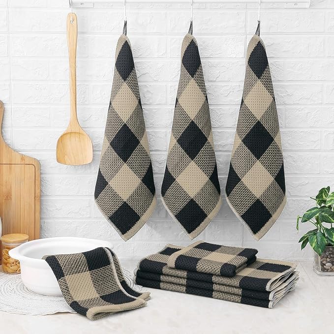 Homaxy Kitchen Towels and Dishcloths Set, Set of 12, Black & Tan | Bulk Cotton Waffle Weave Check Plaid Kitchen Towels, Super Soft and Absorbent Dish Cloths, 12 x 12 and 13 x 28 Inches - Image 6