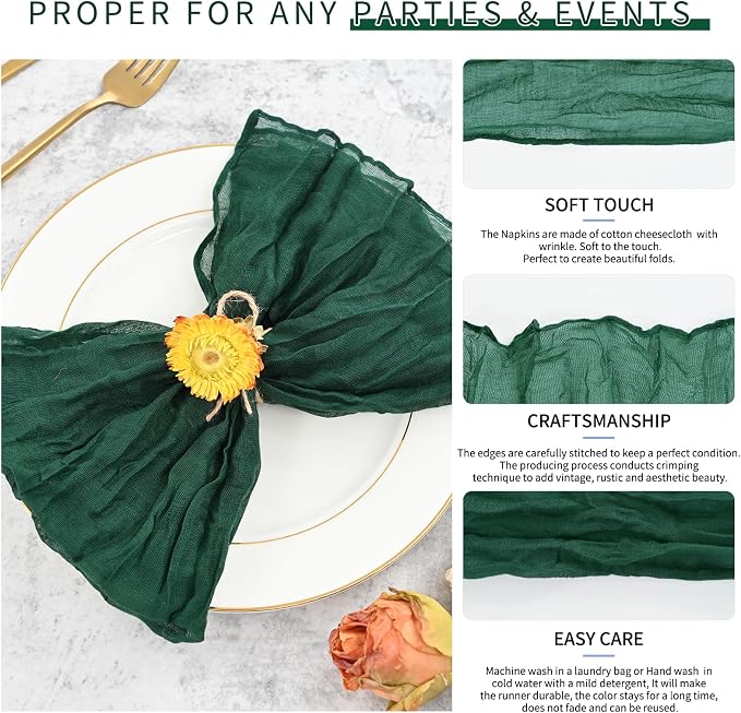 42 Packs Gauze Cheesecloth Napkins 20 x 20 Inch Emerald Green Wrinkled Dinner Napkins, Dark Green Rustic Boho Soft Cloth Napkin for Wedding Party Event Dinner Table Decoration - Image 3