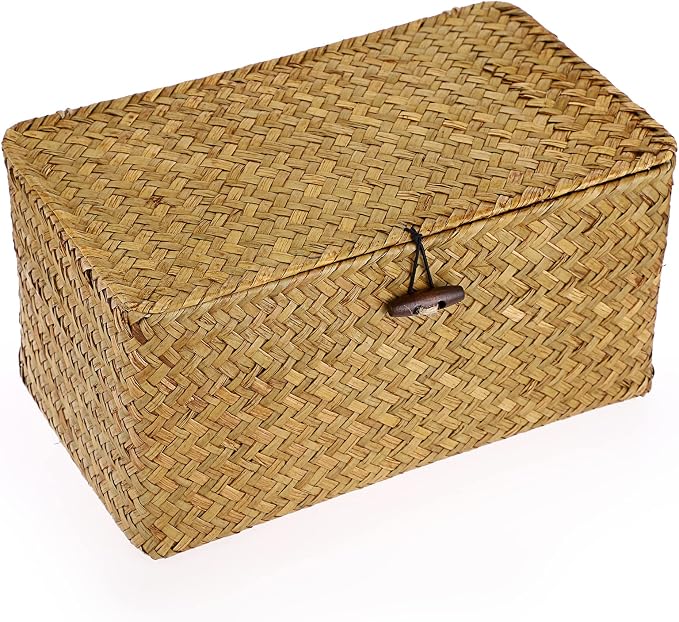 Hipiwe Wicker Shelf Baskets Bin Handwoven Seagrass Storage Basket with Lid | Rectangular Household Basket Boxes for Shelf Wardrobe Home Organizer, Caramel Medium by Hipiwe