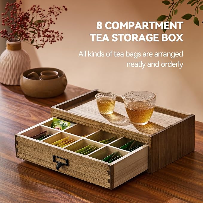 KIRIGEN Solid Wood Tea Storage Box, 8 Compartments, Brown CYG-DBR | 8-Section Desk Cabinet Organizer with Metal Handle Stores Tea Bags, Sachets, Coffee Packets, Sugar, and Small Tea Accessories - Image 4