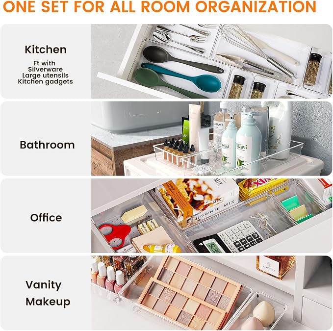16 Pack Large Clear Plastic Drawer Organizer Bins - 5 Size Acrylic Bathroom and Vanity Organizers and Storage Trays for Makeup Office Home, Kitchen Drawer Organizer for Utensils, Gadgets - Image 3