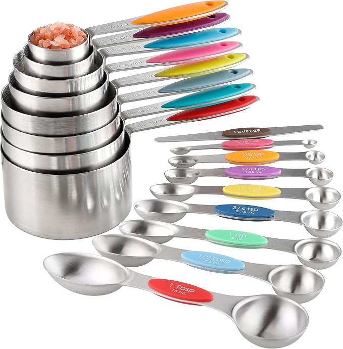 Measuring Cups and Spoons Set of 17 Double Sided Magnetic Measuring Spoons | Stainless Steel Stackable Measuring Cups Magnetic Measuring Spoons Set with 1 Leveler for Dry and Liquid Ingredients by Turewin