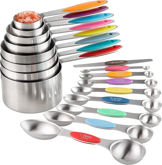Measuring Cups and Spoons Set of 17 Double Sided Magnetic Measuring Spoons | Stainless Steel Stackable Measuring Cups Magnetic Measuring Spoons Set with 1 Leveler for Dry and Liquid Ingredients by Turewin