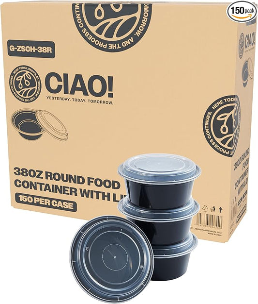 CIAO! Heavy Weight 38oz Injection Molded Microwavable Black Round Food Container with Lid (150/case) by Ciao