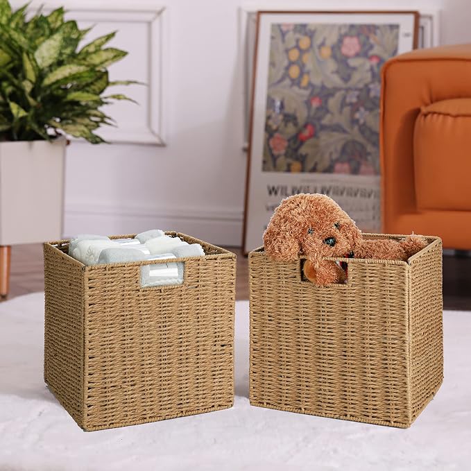 Wicker Storage Basket, Set of 2 Hand-Woven Storage Baskets for Shelves with Handles Foldable Cube Storage Baskets Bins, 9 inch Wicker Baskets for Pantry Bedroom Organizer &Decor, Natural - Image 6