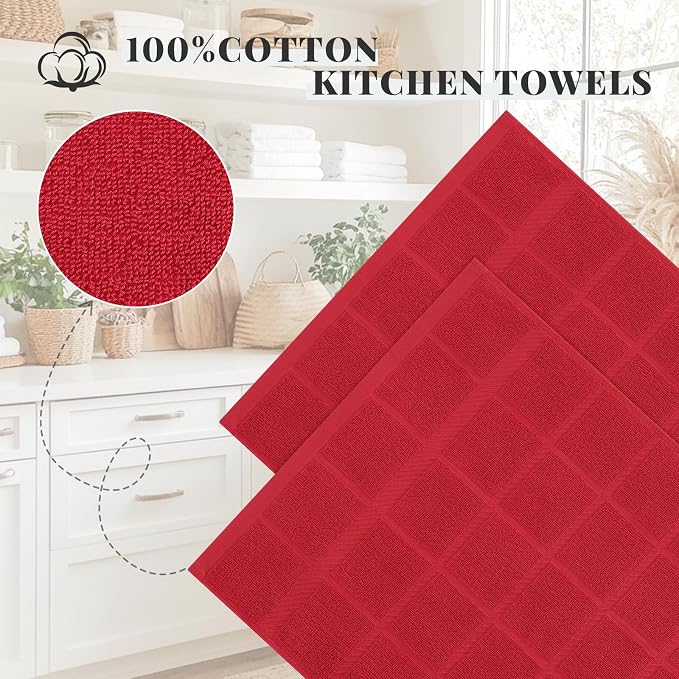 Homaxy 100% Cotton Kitchen Towels 18"x28", 4 Pack Dish Towels, Red | Large 380 GSM Soft and Absorbent Kitchen Hand Towels with Terry Grid Design, Utility Tea Towel Set with Hanging Loop - Image 3