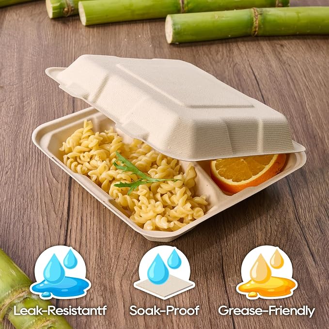 Turbo Bee 100 Pack 8x8inch Natural 3 Compartment Take Out Containers with Lids, Disposable Clamshell Meal Prep Containers, Divided Food Boxes for Food Truck, BBQ, Catering & Lunch - Image 3