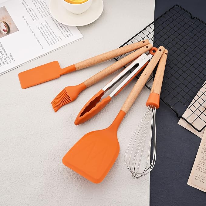 JASHII Orange Silicone Kitchen Utensils Set Orange Rubber Spatulas with Wooden Handle, Silicone Cooking Utensils with Holder, Heat Resistant for Nonstick Cookware - Image 6