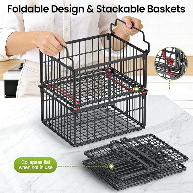 Freezer Organizer Bins, 3 Pack Enlarged Baskets for 5-9 Cu.FT Deep Freezer | Stackable Chest Freezer Organizer Bins, Foldable with Handles, Black Storage Container Baskets for Sort Frozen Meats - Image 4