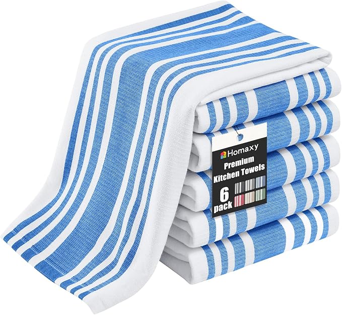 Homaxy Premium Cotton Stripe Kitchen Towels 6 Pack, 18"x 28", Blueberry | Large 380 GSM Kitchen Hand Towels, Soft Terry Dish Towels, Highly Absorbent Tea Towel Set with Hanging Loop by Homaxy