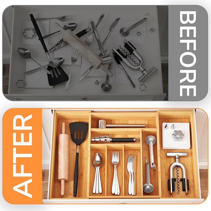 BAMEOS 3" Deepth Expandable Drawer Organizer, Deep Flatware Organizer, Adjustable Silverware Organizer, Bamboo Drawer Organizer for Kitchen, Bathroom (Natural) - Image 9