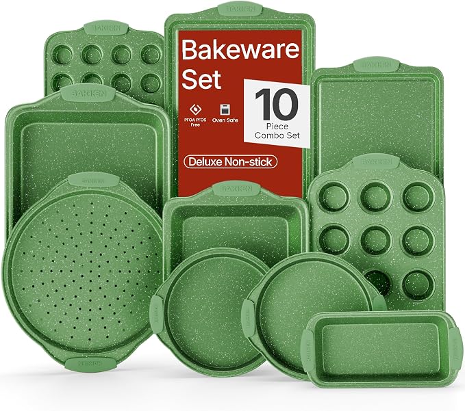 BAKKEN Kitchen Baking Pan Set - Nonstick Green Marble Coating, Carbon Steel Bakeware Sets with Green Silicone Handles, Kitchen Essentials, PFOA, PFOS, PTFE Free, Oven Safe (Up To 450° F), Set of 10 by BAKK%C3%8BNMASTER