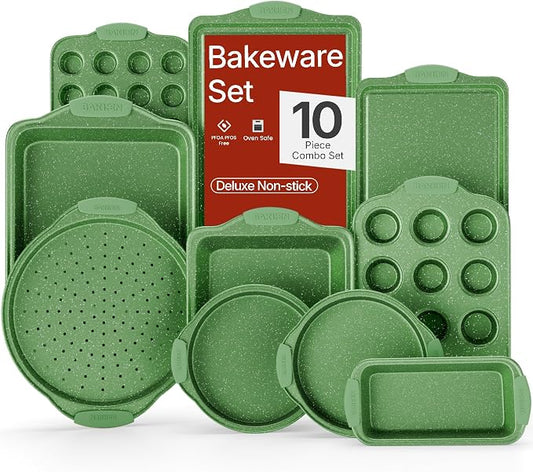 BAKKEN Kitchen Baking Pan Set - Nonstick Green Marble Coating, Carbon Steel Bakeware Sets with Green Silicone Handles, Kitchen Essentials, PFOA, PFOS, PTFE Free, Oven Safe (Up To 450° F), Set of 10 by BAKK%C3%8BNMASTER