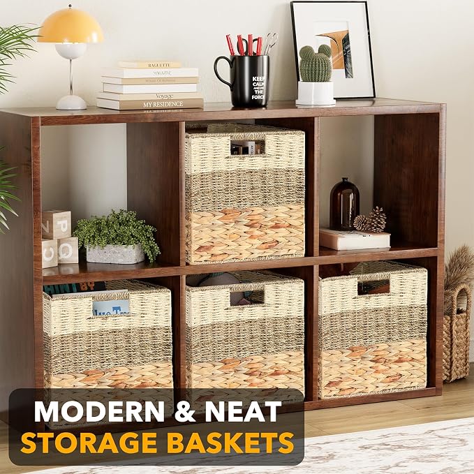 SpaceAid 4 Pack 3 Pattern Design Wicker Basket, Baskets for Organizing, Storage Rattan Basket with Handles for Shelves, Woven Cube Storage Bin Organizer, 12x12x12 inch, Natural - Image 2