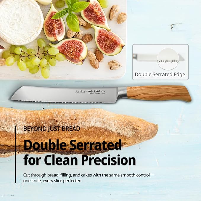 WICKWILLOW 8” Double Serrated Bread Knife – Swedish Steel, Olive Wood | Perfect for sourdough, homemade bread and artisan loaves. Hand wash only. Gift box included. - Image 2